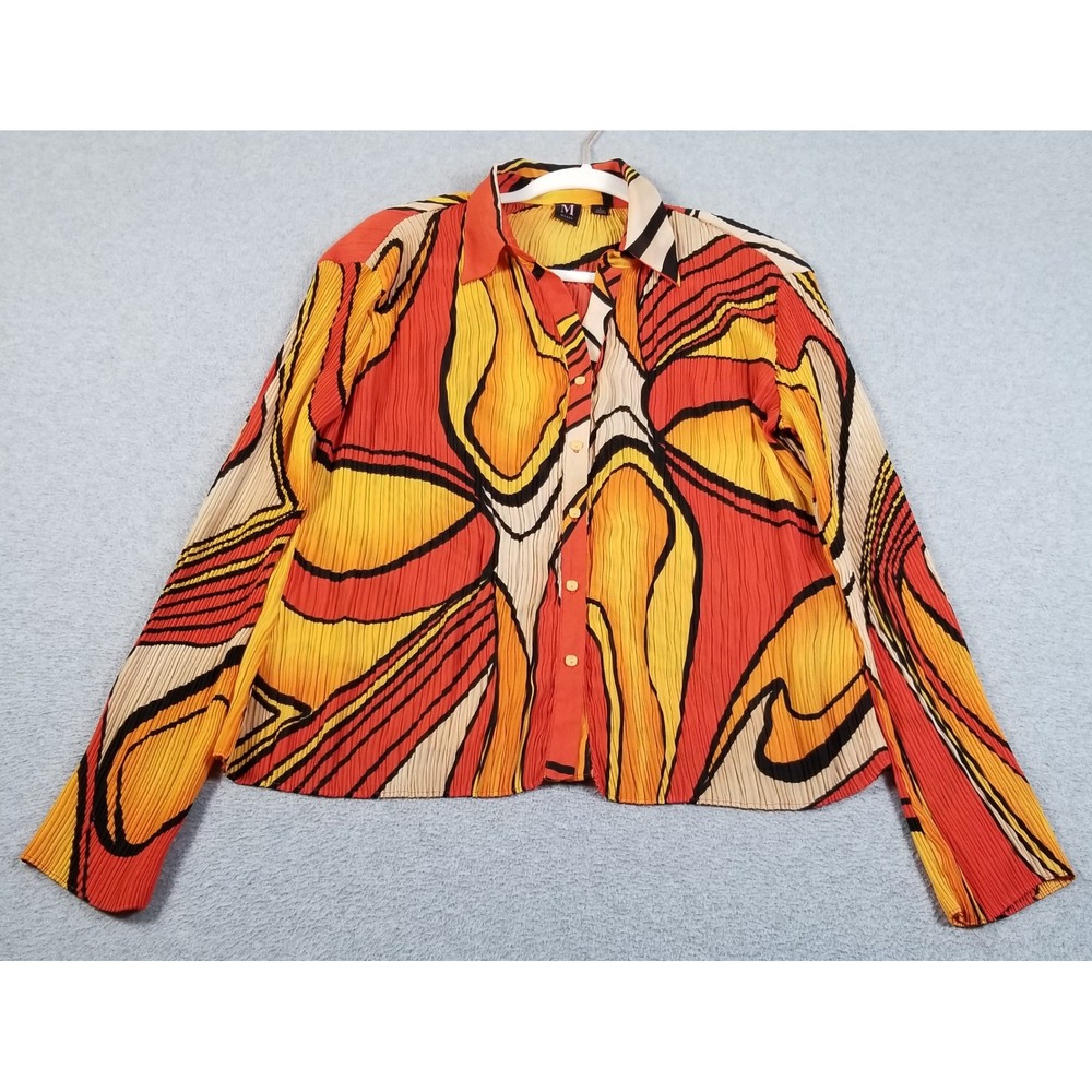 Milano Button Up Shirt Women L Large Abstract Waves Sheer Pleated Plisse Top